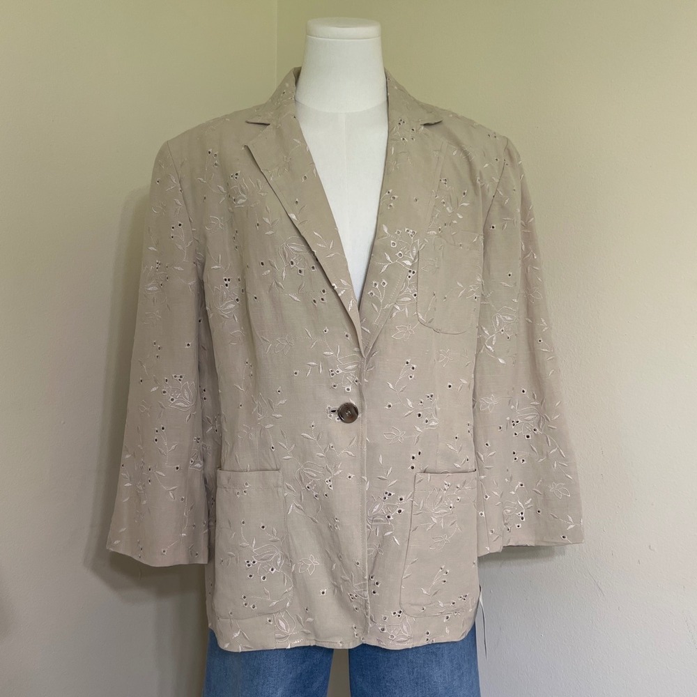 Beige Floral Eyelet Cotton Blazer Single Button Knit Jacket Tan Womens